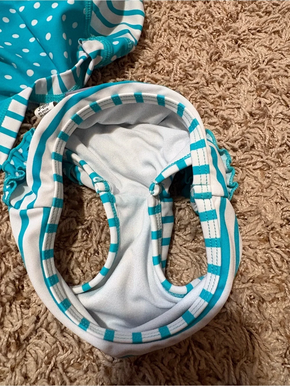 Ruffle Butts baby girl Teal Polka Dot & Stripe Swim Set size 3-6 months